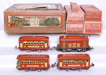 Lionel prewar Special No.1 terra cotta set in box: Very neat Lionel Special No. 1 set with set box that has a strong label, terra cotta 248, 529, 529 and 530. Cars and engine have very strong C7-8 paint, a couple of couplers and wheels have some