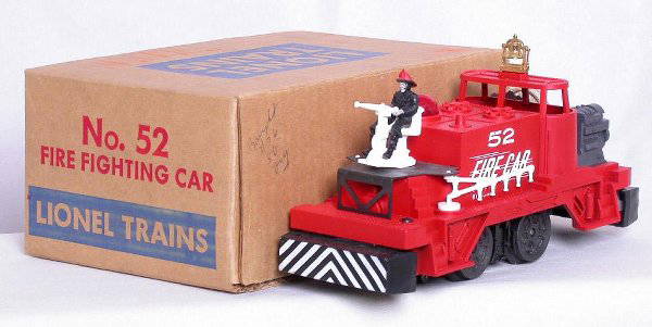 Nice Lionel 52 Fire Car in the box: Lionel 52 operating fire car, light run time, struts on the top area are unbroken, C8. OB has very minor writing on the top otherwise C9 with insert, inst. sheet and track trips.