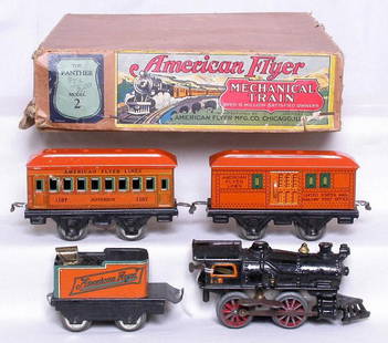 American Flyer prewar The Panther boxed set: American Flyer prewar The Panther Model 2 with 11 loco, 120 orange tender, 1107 Jefferson Pullman and an orange baggage car, C4-6. Includes set box and track. Wind up works, one engine wheel is a
