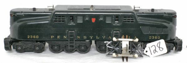 Lionel dual motor 2360 Pennsylvania GG1: Lionel 2360 Pennsylvania GG1 dual motor loco. The roof has an app. 1Ó x 1Ó touch up on roof. Lettering is strong, stripes are 35%. Includes one pantograph. Items in this lot are sold as are shown in