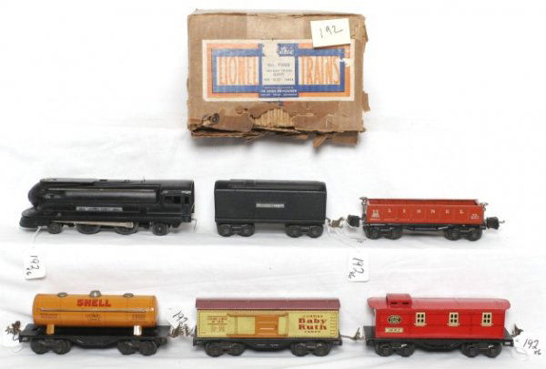 Lionel No. 7003 Freight Train Outfit in OB: Lionel No. 7003 Freight Train Outfit in original worn set box, with 1688 bent cab at step, 1689T, 1679, 652X, 1682 and 1679. all have original boxes that are worn, detached or missing flaps, C6+.