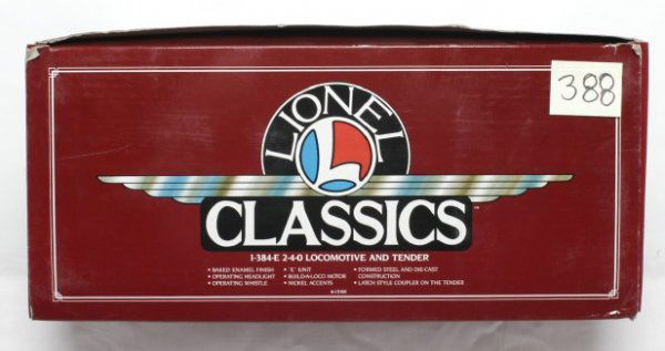 Lionel Classics 13101 No. 1-384-E 2-4-0 in OB: Lionel Classics 13101 No. 1-384-E 2-4-0 loco and tender in original box, loco looks perfect but is graded C8 due to having been run. Box shows light wear.