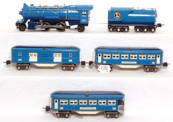 Lionel prewar 263E Blue Comet passenger set: Lionel prewar 263E O gauge Blue Comet set with 615 baggage, 613 Pullman and 614 observation car. Loco needs handrail stanchions reattaches, nice looking original C6+.