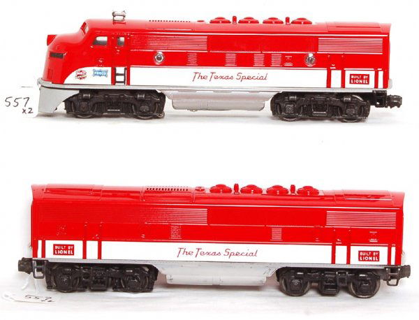 Lionel 2245 MKT Texas Special F-3 A-B units: Lionel 2245 MKT Texas Special F-3 A-B units with reproduction shells and painted frames that look, C8+. Loco was bench tested on a short section of test track operating smoothly in forward and reverse