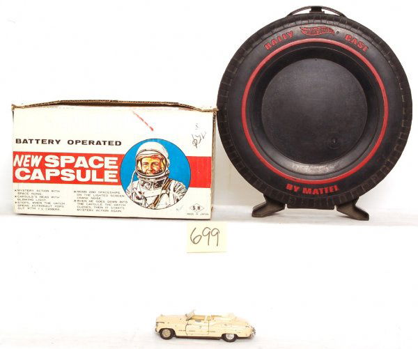 SH B.O. Space Capsule, 1967 Hot Wheels Rally Case: SH B.O./battery operated Space Capsule in original box, 1967 Hot Wheels Rally Case with eleven cars and a diecast car. New Space Capsule has very minor scratching to paint, no dents or dings, plastic