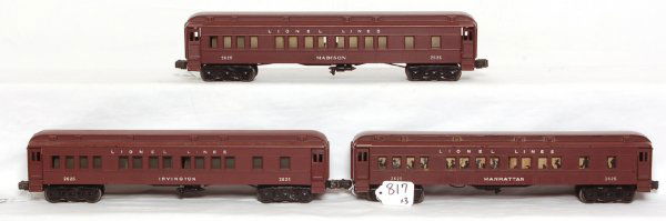 Lionel 2625 Madison, Manhattan, Irvington: Lionel 2625 Madison passenger car, 2625 Manhattan and 2625 Irvington. C6-7.