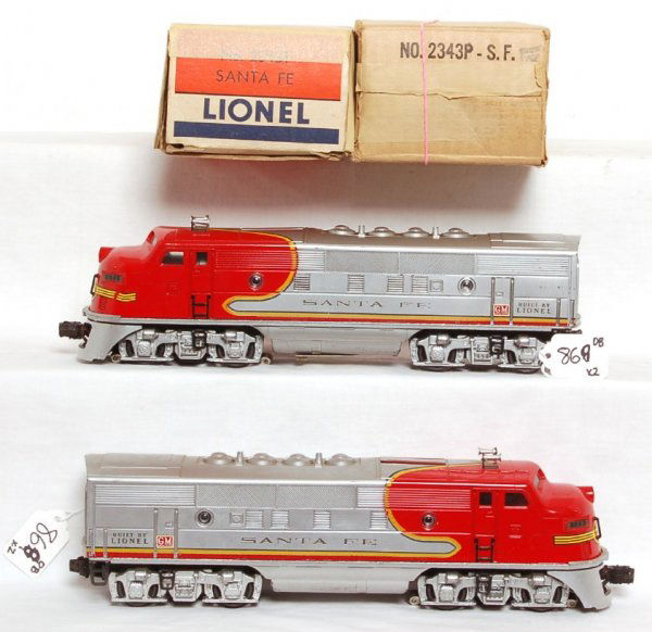 Lionel 2343 Santa Fe F3 AA units, OB: Lionel 2343 Santa Fe Fe AA units, C7. P OB is C9 with insert. T box has one missing inner flap and one piece of tape, please view photo.