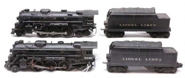 Lionel 2026 Steam Loco 6066T Lionel Lines Tender: Lionel postwar two black 2026 steam locos. Also included are two 6066T Lionel Lines tenders. One tender has incorrect trucks and both have incorrect bases. Please view items in photos to verify condit