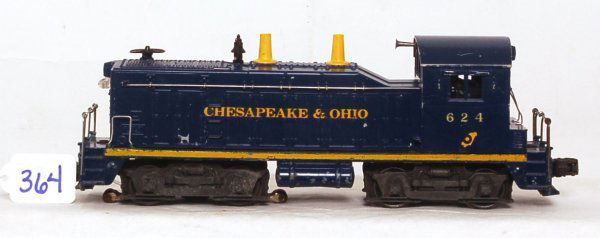 Lionel 624 Chesapeake and Ohio NW-2 switcher: Lionel 624 Chesapeake and Ohio NW-2 switcher, brake wheel is cracked and missing tip, C6. Loco was bench tested on a short section of test track operating smoothly in forward and reverse.