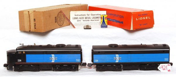 Unrun Lionel 226 Boston and Maine Alco AB, OB: Lionel 226 Boston and Maine AB units, unrun, good pilots, a couple of extremely minor rubs on raised areas, C8-10. Boxes are complete, C has a detached but included inner flap, P box has some spots. I