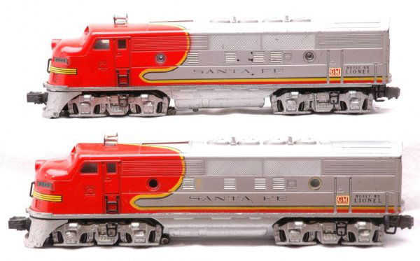 Lionel 2343 Santa Fe F-3 AA Diesels: Lionel postwar 2343 Santa Fe F-3 AA diesels, one unit is missing two portholes, C6.