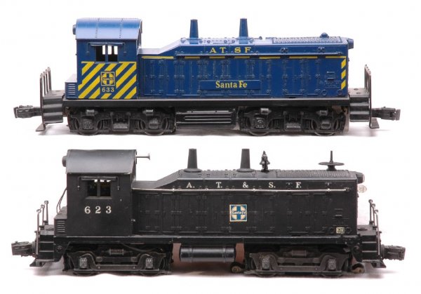 Lionel 623 and 633 Santa Fe NW-2 Switchers: Lionel postwar 623 and 633 Santa Fe NW-2 switchers. The 623 has a melt-mark on top of cab and the 633 has a repaired crack by front screw hole. Both switchers are C6.