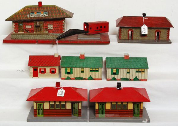 American Flyer, Bing, Skyline stations, houses: American Flyer, Bing, Skyline stations, houses. American Flyer freight station No. 95 and two unnumbered stations. Bing ticket office. Two Skyline tin houses. One unmarked tin house. Please view our p