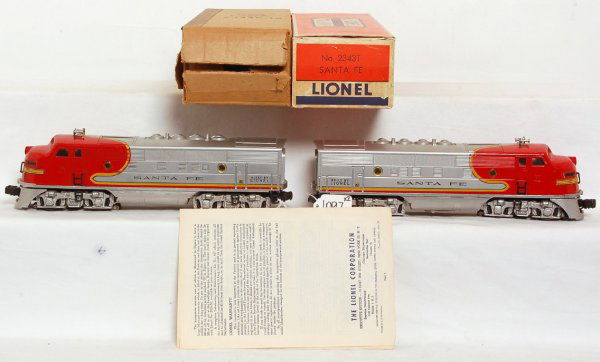 Lionel 2343 Santa Fe F3 AA units, OB: Lionel 2343 Santa Fe F3 AA units, nice original C7+. POB C8 with insert and inst. sheet. T OB complete, C7+ with insert.
