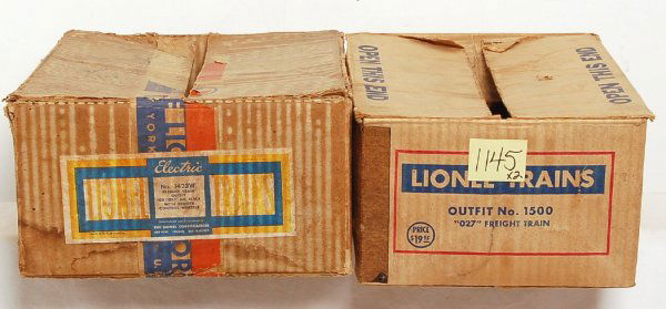 Two empty Lionel set boxes, 1500 and 1423W: Two empty Lionel set boxes, 1500 1130 steam loco freight set and 1423W 1655 steam freight set. Boxes are square and solid with light wear. Please view our photographs for the best description and as t