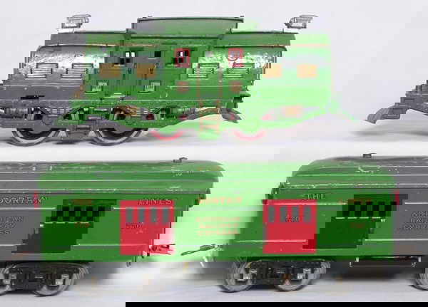 Dorfan 3920, 770, 771 and 772: Dorfan wide gauge 3920 green loco with a 770, 771 and 772 passenger cars. Engine has a couple of chunks of casting missing. The cars are C3, wheels are starting to deteriorate on cars.