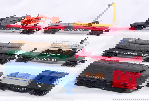 Lionel boxed 9652 C&O postwar train set: Lionel set 9652 with a C7 set box, 225 C&O alco, 6812 track maintenance car, 6670 boom car, 6361 log car, 6817 flat with scraper and a 6119-100 work caboose. Trains are in the C7 range, scraper is the