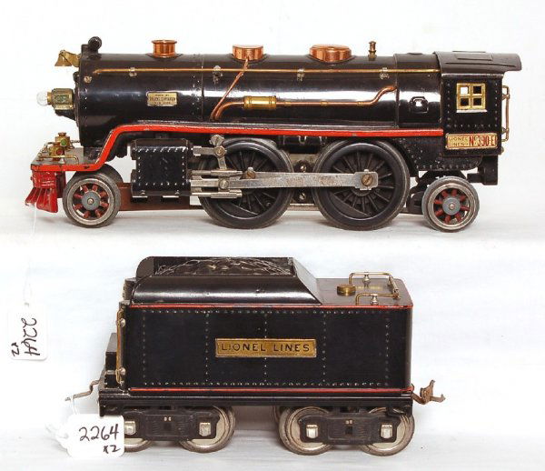 Lionel No. 390-E 2-4-2 loco and 390TX tender: Lionel No. 390-E 2-4-2 loco and 390TX tender, loco has been rewheeled and has light surface rust on pony truck(should be easily cleaned), otherwise C6+.