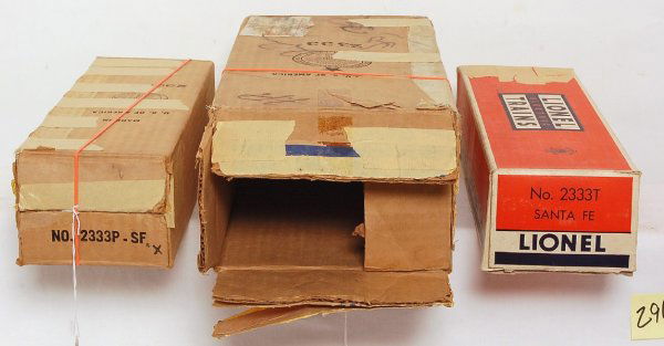 Lionel 2333 Santa Fe F3 master carton boxes only: Lionel 2333 Santa Fe boxes only including a master carton with all flaps intact but missing the label on the end. Interior boxes are hard to grade because they are fully intact, with inserts and in hi