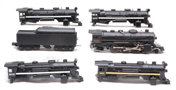 Lionel 639 Steam Loco and Tender: Lionel black steam loco with no. 639 on cab and tender, C7. Also included are steam loco bodies only; three black with white stripe numbered 8632 on cab and a black with yellow stripe numbered 8633 on