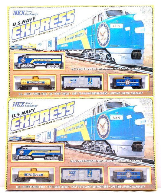 Life-Like 21406 US Navy Express R-T-R Set MINT OB: Life-Like HO two 21406 US Navy Express ready-to run train sets, C10: Life-Like West Maryland diesel, Santa Fe diesels, freight cars, and passenger cars. Cars are in OBs. Please view items in photo to