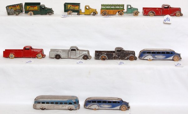 Ten Tootsie Toys trucks and buses - 2