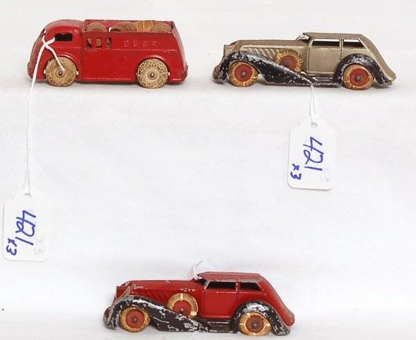 Two Manoil 700 cars, one Barclay 376 beer truck