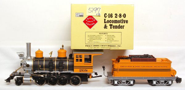 Aristo Craft Trains D&RGW C-16 2-8-0, freight: Aristo Craft Trains ART 80102 Denver & Rio Grande Western C-16 2-8-0 steam loco and tender with Roundhouse G4167 D&RGW ore car, LGB 4174 D&RGRy reefer, MDC G scale Products G4655 ElwoodÕs Root Beer b