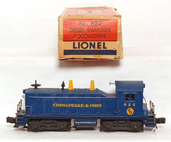 Lionel 624 C and O switcher, variation, OB: Lionel 624 Chesapeake and Ohio switcher, loco cab is much harder to find lighter blue version with 3 handrail stanchions on the sides. This was a Lionel postwar factory replacement shell. Will clean C
