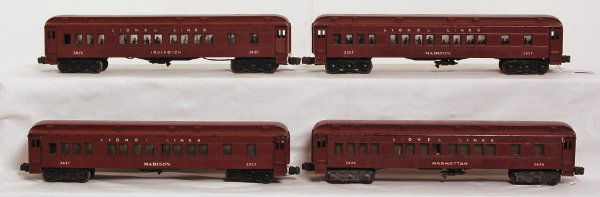 Lionel 2625, 2627, 2627, 2628 Madison passenger: Lionel 2626 Irvington, 2627 Madison, 2627 Madison, 2628 Manhattan, passenger cars, C6 area.