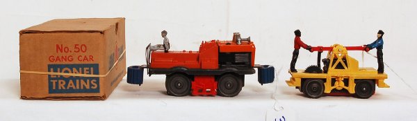 Lionel No. 50 gang car in OB, No. 65 hand car