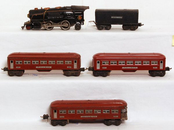 Lionel 259E 2-4-2, 1689T, 2642, 2643, 2642: Lionel 259E 2-4-2 loco and 1689T tender with 2642 Pullman, 2643 observation, 2642 Pullman, passenger cars, one 2642 has been repainted to look C7, others look C6.