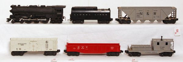 Lionel 2065 4-6-4, 6026W, 6472, 6446, 6462, 6419: Lionel 2065 4-6-4 loco and 6026W tender with 6472 milk car, 6446 Norfolk and Western hopper, 6462 NYC gondola and 6419 Delaware, Lackawanna and Western work caboose, tender has cracked shell and 6446
