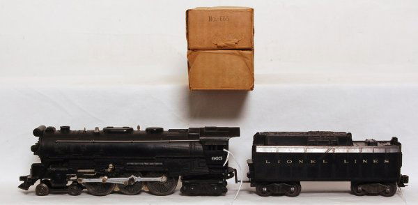 Lionel 665 Hudson with 6026W tender, OB: Lionel 665 Hudson with 6026W tender, good steps, C7. Loco OB only C8, minor writing. 6026W OB has missing and detached flaps, not shown in photos but included.