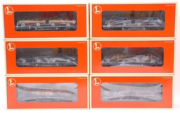 Lionel 17536 17537 17548 17549 17557 17558 MIB: Lionel six Route 66 flatcar with loads; 17536 with luxury coupes, 17537 with black touring coupes, 17548 with touring coupes, 17549 with Ford wagons, 17557 with sedans and 17558 with brown sedans in O