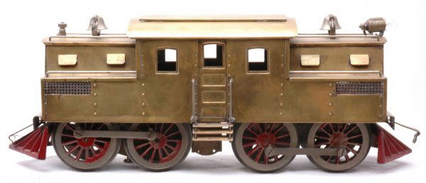 Lionel 54 Brass Electric Square Hood 0-4-4-0 Loco: Lionel prewar standard gauge 54 brass electric 0-4-4-0 with single motor and thick rimmed wheels. Loco has square hood, four red-painted grills, and eight flap type ventilators. Brass has light tarnis