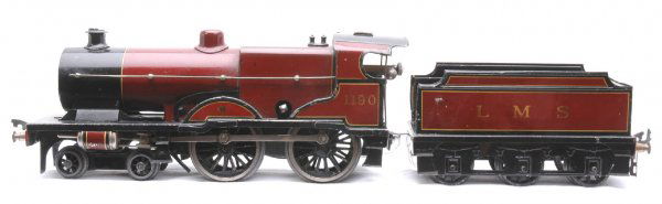 Bassett Lowke LMS Compound Loco with Tender: Bassett Lowke O gauge Clockwork LMS Compound 4-4-0 locomotive and tender. Loco is numbered 1190 and Tender is lettered L M S on sides. Loco and tender are C7.
