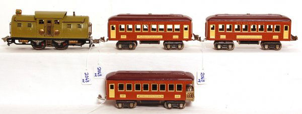 Lionel 254E loco, 610, 610, 612 passenger cars: Lionel 254E 0-4-0 loco and two 610 Pullmans and 612 observation passenger cars, repainted C7.
