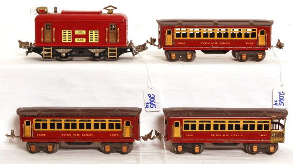Lionel 248 loco, 1690, 1690, 1691 Ives pass. cars: Lionel 248 loco and Ives 1690 coach, 1690 coach and 1691 observation, passenger cars, loco is repainted to look C7 and cars look C6.