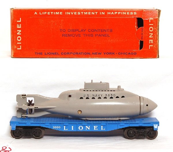 Unrun Lionel 3330 flatcar with operating sub, OB - 2