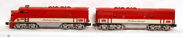 Lionel 2245 MKT Texas Special F3 diesel A-B: Lionel 2245 MKT Texas Special F3 diesel A-B units, B unit has port holes, all porthole lens are originals, nice C7.