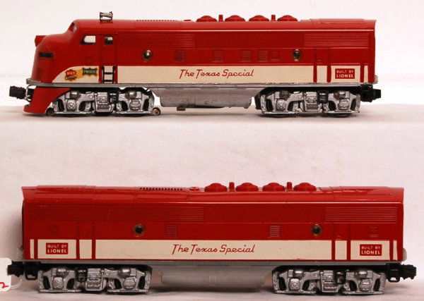 Lionel 2245 Texas Special F3 diesel A-B units: Lionel 2245P and 2245C MKT Texas Special F3 diesel A-B units, powered A unit has a few very small touchups and pilot is repainted. Original porthole lens and battery compartment is clean, C7 area.