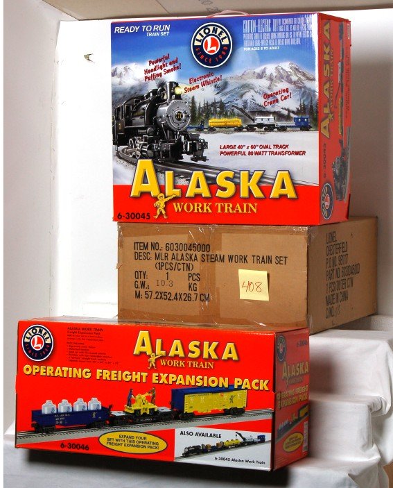 Lionel 30045, 30046 Alaska work train plus: Lionel 30045 Alaska work train and 30046 Alaska expansion pack in original boxes, C9-10.