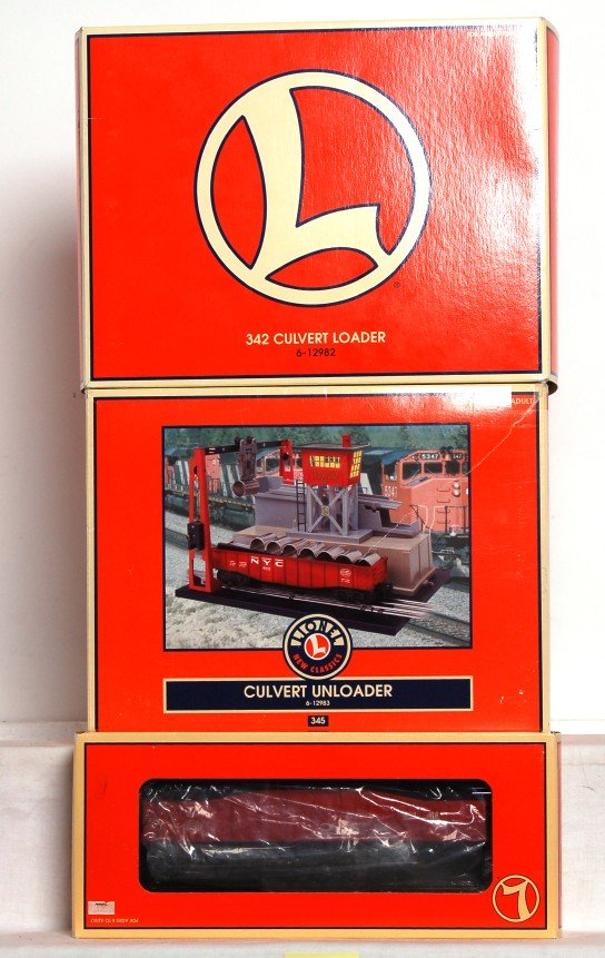 Lionel 19429, 12982, 12983 in original boxes: Lionel 19429 6342 culvert gondola, 12982 342 culvert loader and 12983 345 culvert unloader, in original boxes, C9-10.