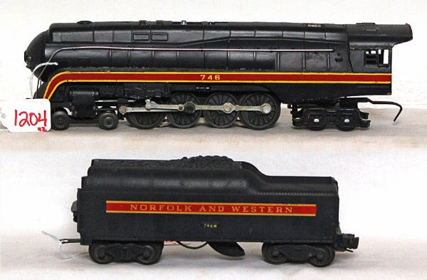 Lionel 746 N & W J class loco and tender: Lionel 746 Norfolk and Western J class streamlined loco and short striped tender, C6.