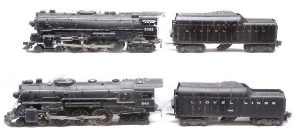 Lionel 646 Loco 2046W Tender 2055 Loco 2046W: Lionel postwar 646 steam 4-6-4 loco with 2046W tender, C5 and 2055 steam 4-6-4 loco with 2046W tender, C4. One tender shell is damaged.