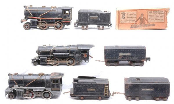 Lionel 257 258 259E Locos 2689WX Tender: LIonel prewar O gauge 257 steam loco, 258 steam loco and 259E steam loco with two four wheel tenders, one eight wheel tender and 2689WX tender. All items are C4. Also included is an OB for a 259T tend
