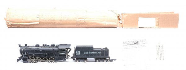 AF 342AC NKP 0-8-0 Switcher and Tender: American Flyer S gauge 342AC NKP 0-8-0 switcher and tender with original wrap, insert, instruction sheet and factory tag, C6-7.
