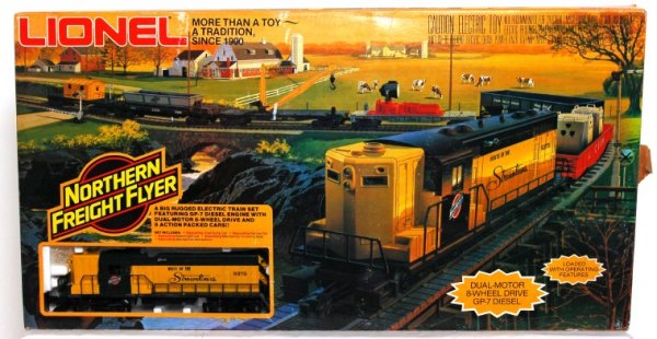 Lionel 1354 Northern Freight Flyer set in OB: Lionel 1354 Northern Freight Flyer set in original box, C8 area. Set consists of: 8375 loco, 6428 caboose, 6113 hopper, 6206 gondola, 9236 derrick car, 6522 searchlight car and 9399 dump car and other