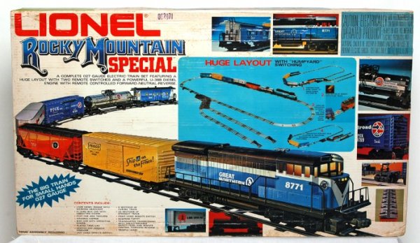 Lionel 1765 Rocky Mountain Special set in OB: Lionel 1765 Rocky Mountain Special set in original box with cello cut open. Set may or may not be complete. Set consists of: 8771 loco, 9286 hopper, 9285 flatcar w/trailers, 9789 boxcar, 9610 boxcar, 